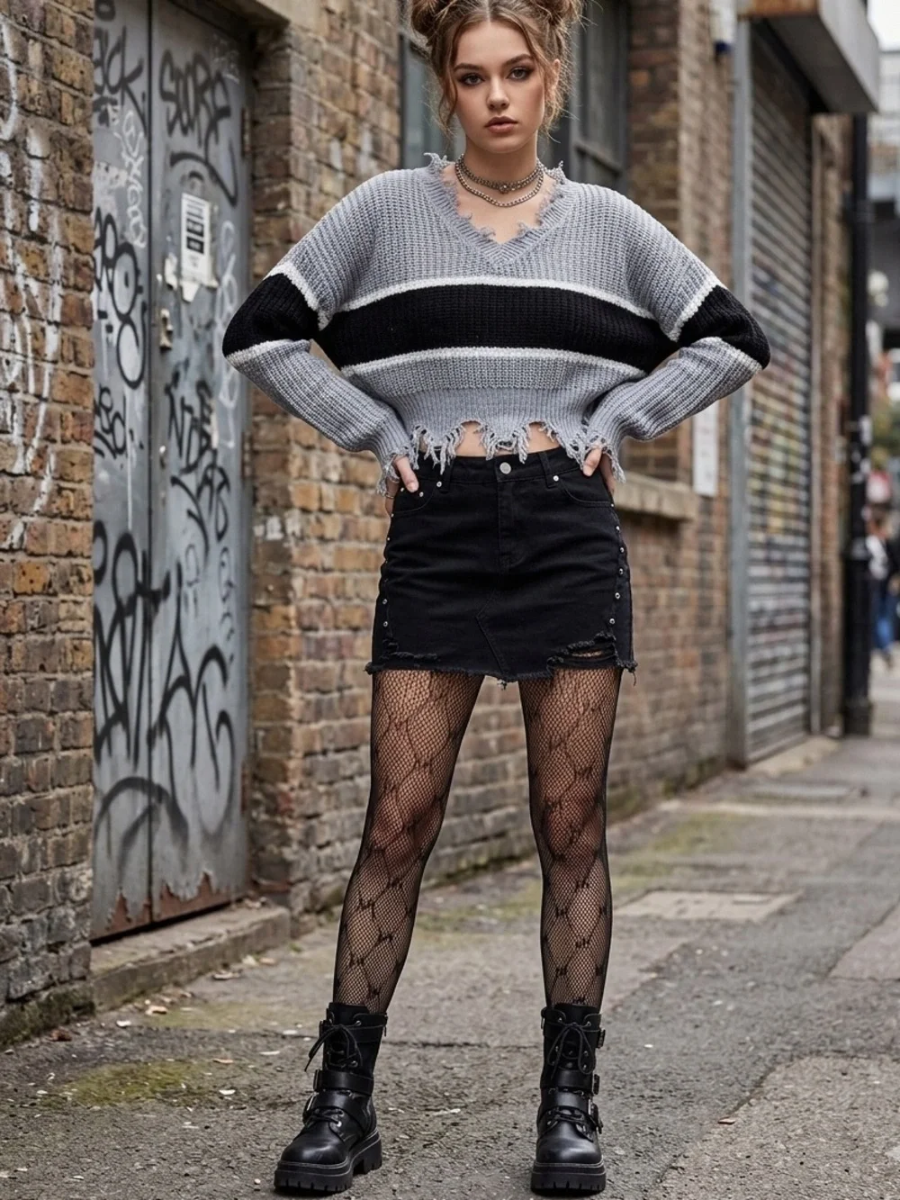 Distressed Gray Black Striped Cropped Knit Sweater Frayed Hem Punk Grunge Boho